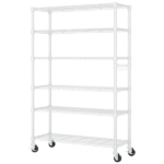 Six-layer, freely removable display stand with one row of side hooks, adjustable feet and wheels, iron, 117*45*208cm, powder-coated white - Image 2
