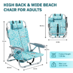 1 PCS Aluminum Beach Chair, 8.5 Inch Seat Height Teal Tribal Pattern, Adjustable Folding Chair with Headrest, Shoulder Strap, 2-in-1 Cup Holder Side Pocket, Back Cooler Bag, Integrated Oxford Fabric with Crossbar, 5 Positions Reclining Lounger, 63x109x84cm, Load Capacity 120KG - Image 7