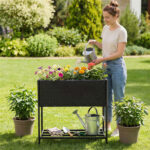 28" Elevated Raised Planter Box with Storage Shelf, Ergonomic Garden Bed for Patio Balcony Herb Vegetable - Black - Image 3