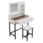 Makeup Vanity with LED Lighted Mirror, 360° Rotatable Mirror, Vanity Desk with 2 Drawers,Power Outlet and 3-Tier Shelves, Amber Glass Table Top, Dressing Table with Sturdy Metal Leg and Stool, White - Image 4