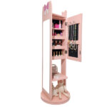Pink, bow-themed, MDF (medium-density fiberboard) painted finish, 1-door, 1-shelf, rotatable base, children's jewelry mirror cabinet - Image 10