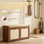 Brown Entryway Shoe Storage Bench – Padded Seat with 2 Rattan Doors for Hidden Shoe Storage - Image 6