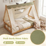 Twin Size Montessori House Floor Bed with Removable Canopy Tent, Solid Wood Kids Bed with Guardrails - Natural - Image 8