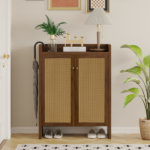 42.5" Tall Rattan Shoe Cabinet with Doors, 6-Tier Wooden Freestanding Shoe Storage Organizer with Adjustable Shelves, Mid-Century Entryway Shoe Cabinet for Hallway & Living Room--Walnut - Image 2