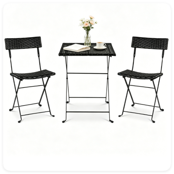 3 Piece Folding PE Rattan Bistro Set, Black Wicker Patio Dining Set with 1 Coffee Table & 2 Ergonomic Chairs, Foldable Outdoor Furniture for Garden Backyard Poolside