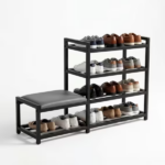 4-Tier Shoe Rack with Cushion,Heavy Duty Carbon Steel Frame, Anti-Slip Feet, Space-Saving Storage Organizer Shelf for Entryway, Living Room, Bedroom,Black - Image 3