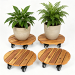 Set of 4 Natural Finish Wooden Plant Pot Mover, Portable Round Plant Stand with 4 Wheels, Sturdy Planter Caddy for Patio Garden Home Decor - Image 2