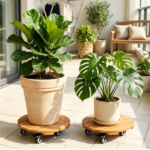 Set of 4 Natural Finish Wooden Plant Pot Mover, Portable Round Plant Stand with 4 Wheels, Sturdy Planter Caddy for Patio Garden Home Decor - Image 7