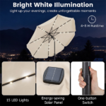 10 Ft Solar Powered Patio Umbrella with 24 LED Lights, Beige Outdoor Market Umbrella - Image 9