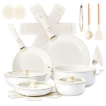 22-Piece Non-Stick Cookware Set, 6 Pots & 3 Lids, Removable Handles, Oven & Dishwasher Safe, Includes 28cm Soup Pot, Cream White Aluminum - Image 4