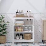 Modern Storage Cabinet with Double Doors, Free-Standing Bathroom Cabinet with Adjustable Shelf and Natural Wood Top, Multi-Purpose Organizer for Kitchen, Living Room, Bathroom or Entryway – White - Image 9