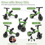5-In-1 Foldable Toddler Tricycle, Adjustable Handlebar & Ergonomic Seat with Removable Pedals - Green - Image 3