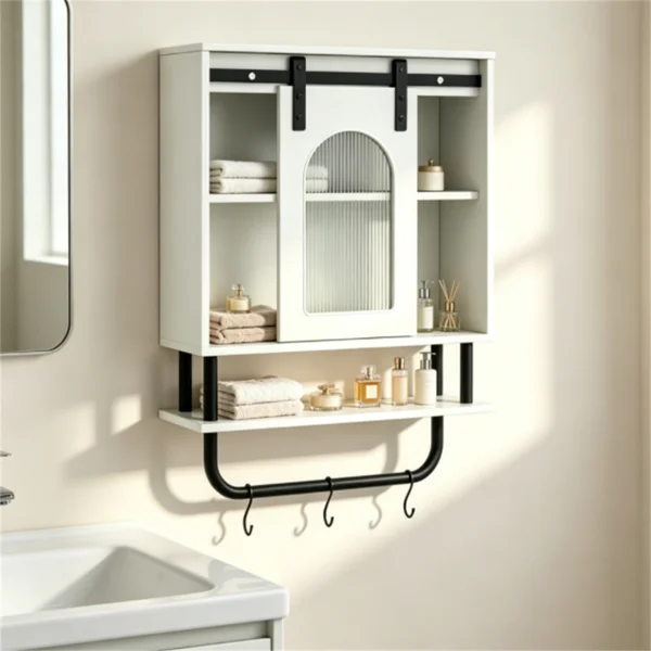 Farmhouse Industrial Wall Mounted Bathroom Cabinet with Sliding Fluted Door, 3‑Tier Storage Organizer with Towel Hooks, for Bathroom Kitchen Laundry Room