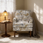 Accent Chair, Floral Armchair, Nailhead Trim, Gold and Grey Decor, Solid Wood Legs, Farmhouse Furniture, Upholstered Slipper Chair, Side Chair, Traditional Print, Wayfair Living Room. - Image 5