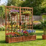 Rustic Brown Elevated Planter with Lattice Trellis, Dual Large Planting Boxes with Drainage System for Vining Flowers Vegetables Balcony Decor - Image 3