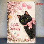 CIFbuy Hello Spring Cherry Blossom Black Cat Metal Plaque, Vintage 2D Flat Print Wall Art, Waterproof Rust Resistant Sign For Home Deco TikTok, TikTok, t Wall Art Self-pickup Logiopics - Image 7