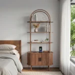 Arched Ceiling + 4-Layer Open Shelving + Double-Door Roller Shutter Display Case Locker with Black US Standard Socket (1USB+1Type-C) & Particleboard Melamine Veneer & Painted Iron Pipe 31.5*13.78*70.87in Walnut