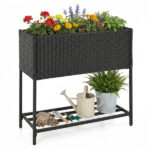 28" Elevated Raised Planter Box with Storage Shelf, Ergonomic Garden Bed for Patio Balcony Herb Vegetable - Black