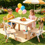 Height Adjustable Kids Desk and 4 Chairs Set, Graffiti Wipeable Tabletop Toddler Activity Table with Storage Baskets Natural - Image 9