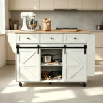 2 Barn Doors with Sliding Rails 3 Drawers 3 Shelves Serving Cart Rubberwood Countertop + MDF Cabinet Dining Cart 47.24*29.49*35.08in White - Image 9