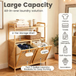 32 Inch Double Compartment Bamboo Laundry Organizer Freestanding Cabinet, Raised Guardrail Top Shelf Rounded Corner Dirty Clothes Bin Separate Light Dark Clothes Storage Natural Finish - Image 4
