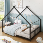 Full Size Metal House Bed Frame, Montessori Floor Bed with Safety Side Guard Rails, No Box Spring Needed, House-Shaped Platform Bed for Kids Toddlers Boys Girls, Black - Image 9