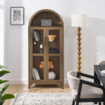 A high arched storage cabinet with a lamp, a modern retro-style wooden storage cabinet with adjustable glass partitions, suitable for use as a multi-functional cabinet in kitchens-Brown - Image 11