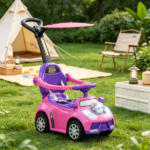 Pink 3 in 1 Kids Push & Sliding Car: with Removable Handle, Music, Horn, Canopy & Safety Guardrail for Toddlers