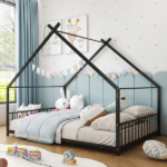 Full Size Metal House Bed Frame, Montessori Floor Bed with Safety Side Guard Rails, No Box Spring Needed, House-Shaped Platform Bed for Kids Toddlers Boys Girls, Black - Image 11