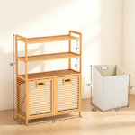 Natural Bamboo Tilt Out Laundry Hamper Cabinet with 2 Removable 7 Gallon Fabric Baskets, Open Storage Shelves Ventilated Slatted Design Anti-Tip Laundry Sorter for Bathroom Bedroom Laundry Room - Image 5