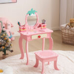 Pink MDF spray-painted + apple-printed 1-drawer 2-desktop storage box children's dressing table set - Image 7