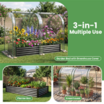 3-in-1 Raised Garden Bed with Greenhouse Cover 130 Gal Galvanized Metal Planter Box - Black - Image 5