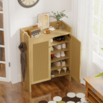 42.5" Tall Rattan Shoe Cabinet with Doors, 6-Tier Wooden Freestanding Shoe Storage Organizer with Adjustable Shelves, Mid-Century Entryway Shoe Cabinet for Hallway & Living Room - Image 23