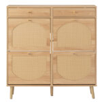 Rattan-front shoe cabinet with 2 drawers and 4 flip-down compartments, made of particleboard, 105*24*110cm, natural wood color - Image 5