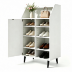 White Multi-Compartment Shoe Cabinet with Countertop & Open Storage Cubbies, Magnetic Door Adjustable Partition Shoe Rack for Shoes Boots Home Entryway Storage Furniture