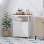 Modern Storage Cabinet with Double Doors, Free-Standing Bathroom Cabinet with Adjustable Shelf and Natural Wood Top, Multi-Purpose Organizer for Kitchen, Living Room, Bathroom or Entryway – White - Image 11