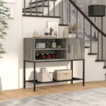 Rustic Brown Sideboard with 2 AC Outlets & 2 USB Ports, Charging Buffet Cabinet with Wine Rack- Gray - Image 3