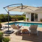 10FT Round Banana Hanging Patio Umbrella with 18 LED Lights, 6 Iron Ribs, Iron Straight & Curved Pole, Waterproof Polyester Canopy, with Stand Sleeve and Cross Base, Khaki - Image 29
