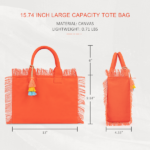 Canvas Tote Bag for Women with Tassel, Shoulder Bag Top Handle handbag with Zipper Closure for Work Travel Beach Gym Shopping-Orange - Image 3