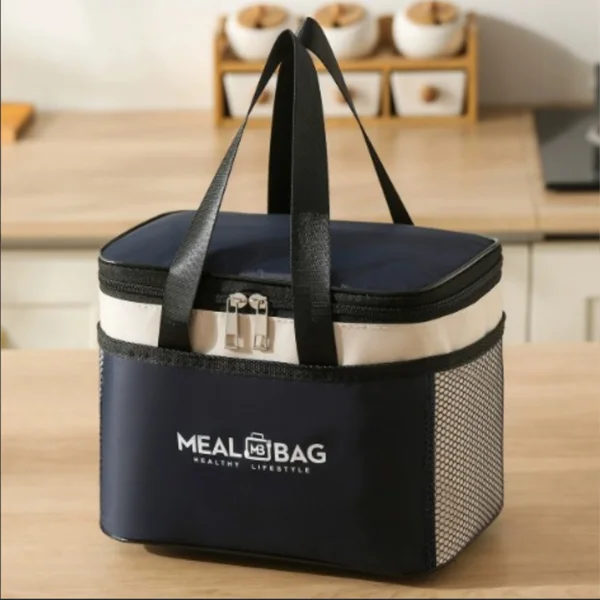M-sized navy blue insulated storage bag, thick aluminum foil waterproof lunch cooler tote bag with reinforced handle, reusable student daily commuting food carrying bag