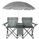 Portable Outdoor 2-Seat Folding Chair with Removable Sun Umbrella Grey - Image 9