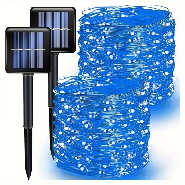 2 blue solar fairy lights, each pack contains 110 LED solar string lights, IP65 waterproof copper wire, 8 modes of solar fairy lights, suitable for garden, courtyard, tree, wedding, Christmas decoration