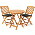 3 Pieces Foldable Acacia Wood Patio Bistro Set, Outdoor Round Table & 2 Ergonomic Chairs with Removable Black Cushions for Balcony Backyard - Image 2