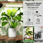 Leaf Shaped Plant Stand with 5-Head Full Spectrum LED Grow Light, Multi-Tier Metal Wood Display Shelf with Hanging Hooks & Anti-Tip Kit, Indoor Flower Pot Holder for Houseplants, 62.9"L x 33"W x 10.2"D Inches, Black Metal Frame & Rustic Wood Grain Board - Image 8