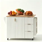(Do Not Sale on Amazon) 2-Door 3-Drawer Grille Food Cart Champagne Gold Thermoformed Door Panels Rubber Wood Handles MDF Cabinets and Serving Sideboard 53.03*29.17*36.02in White - Image 2