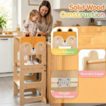 3-in-1 Convertible Toddler Learning Tower Step Stool with Chalkboard, Poplar Wood Flip Design Weaning Table Stool Set Anti-Tip Safety Guardrail 110 LBS Load for Kids 18+ Months Fox Pattern - Image 9