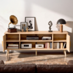 59.05 Inch Low Profile TV Stand - Light Brown Laminate Particle Board Media Console with Double Slatted Doors, Entertainment Center for Living Room & Bedroom - Image 8
