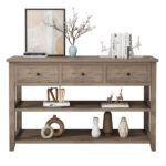 Console Table with Wood Frame and Legs, Sofa Table Entryway Table with 3 Drawers and 2 Open Shelves Wash Gray - Image 7