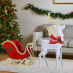 5ft Lighted Christmas Reindeer & Sleigh Outdoor Yard Decoration Set with LED Lights, Red & White - Image 8