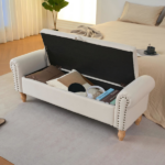 Storage Ottoman Bench, Fabric Benches End of Bed Bench with Solid Wood Legs Upholstered Ottoman Bench with Storage Indoor Bench for Living Room with Rolled Arm, Entryway, Beige - Image 7